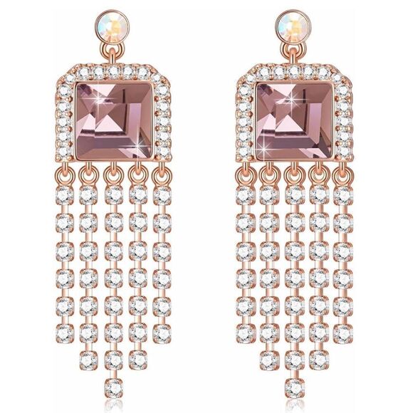 14K Yellow Gold with Pink Sapphire Austrian Crystal Dangling Tassel Earrings - Picture 1 of 6